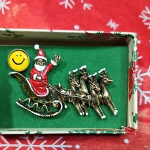 Festive Santa Sleigh and Reindeer Brooch